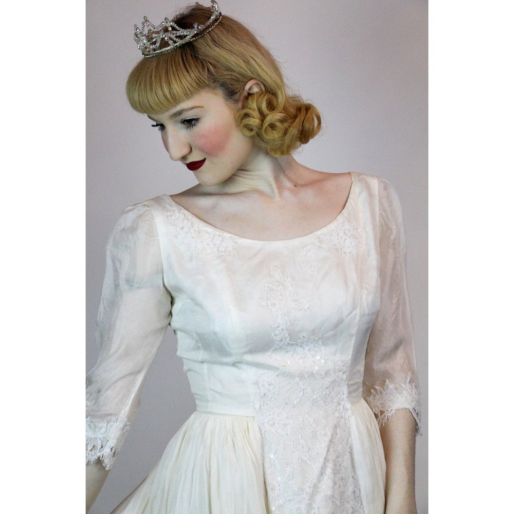Vintage 1950s Georgette Silk Lace Wedding Dress, Size S